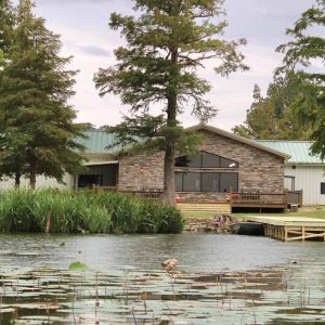Old Cypress Lodge Exterior with Lily pads on lake in front of it